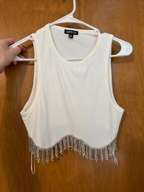White Ribbed Tank Top with Rhinestone Fringe